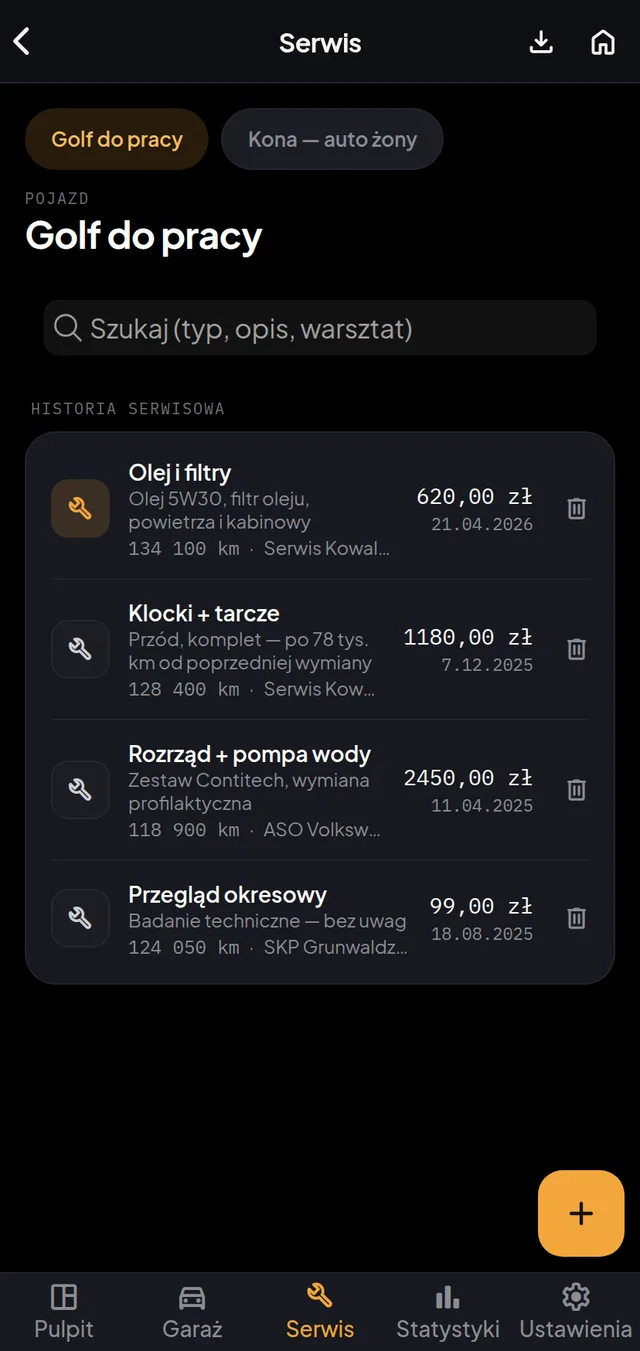 Historia serwisowa z kosztami